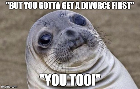 Awkward Moment Sealion Meme | "BUT YOU GOTTA GET A DIVORCE FIRST" "YOU TOO!" | image tagged in memes,awkward moment sealion,AdviceAnimals | made w/ Imgflip meme maker