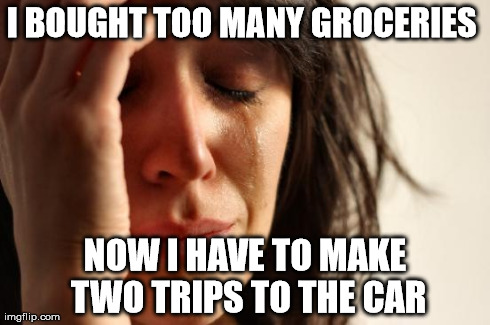 First World Problems Meme | I BOUGHT TOO MANY GROCERIES  NOW I HAVE TO MAKE TWO TRIPS TO THE CAR | image tagged in memes,first world problems | made w/ Imgflip meme maker