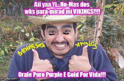 Mexican is pleased | Aii yaa Yi...No-Mas dos wks para-mirad mi VIKINGS!!!! Orale Puro Purple E Gold Por Vida!!! | image tagged in mexican is pleased | made w/ Imgflip meme maker