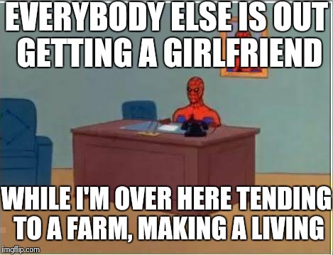 So I started playing Harvest Moon recently... | EVERYBODY ELSE IS OUT GETTING A GIRLFRIEND WHILE I'M OVER HERE TENDING TO A FARM, MAKING A LIVING | image tagged in memes,spiderman computer desk,spiderman | made w/ Imgflip meme maker