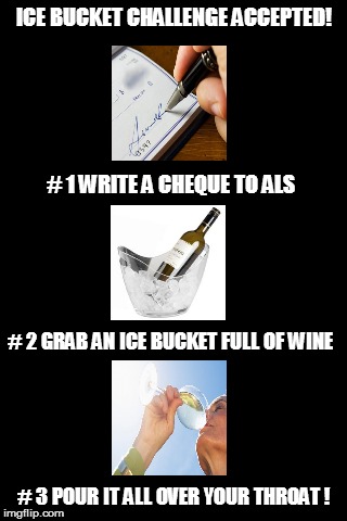 Bucket challenge for drinkers | ICE BUCKET CHALLENGE ACCEPTED! # 3 POUR IT ALL OVER YOUR THROAT ! # 1 WRITE A CHEQUE TO ALS # 2 GRAB AN ICE BUCKET FULL OF WINE | image tagged in fun,ice bucket challenge | made w/ Imgflip meme maker