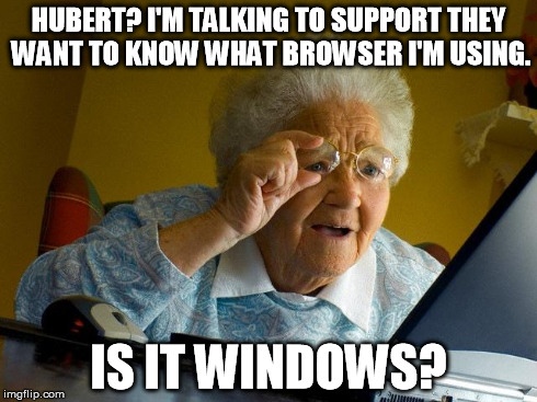 Resisted the urge to do an icebucket joke | HUBERT? I'M TALKING TO SUPPORT THEY WANT TO KNOW WHAT BROWSER I'M USING. IS IT WINDOWS? | image tagged in memes,grandma finds the internet | made w/ Imgflip meme maker