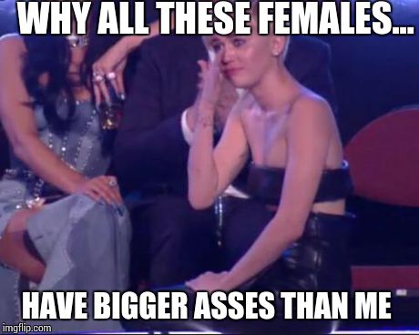 WHY ALL THESE FEMALES... HAVE BIGGER ASSES THAN ME | image tagged in mtv,vmas,miley cyrus | made w/ Imgflip meme maker