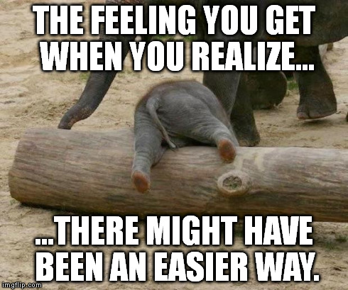 elephantstumble | THE FEELING YOU GET WHEN YOU REALIZE... ...THERE MIGHT HAVE BEEN AN EASIER WAY. | image tagged in elephantstumble | made w/ Imgflip meme maker