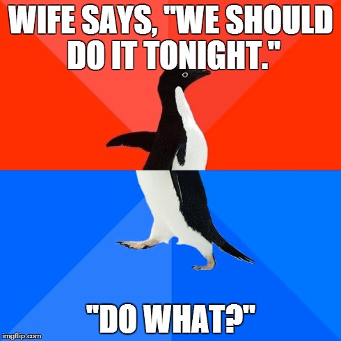 Socially Awesome Awkward Penguin Meme | WIFE SAYS, "WE SHOULD DO IT TONIGHT." "DO WHAT?" | image tagged in memes,socially awesome awkward penguin,AdviceAnimals | made w/ Imgflip meme maker