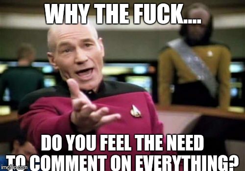 Yes, I'm talking about you overopinionated people and trollers | WHY THE F**K.... DO YOU FEEL THE NEED TO COMMENT ON EVERYTHING? | image tagged in memes,picard wtf | made w/ Imgflip meme maker