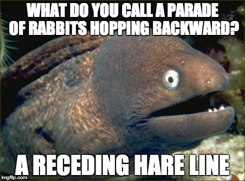 Bad Joke Eel Meme | WHAT DO YOU CALL A PARADE OF RABBITS HOPPING BACKWARD? A RECEDING HARE LINE | image tagged in memes,bad joke eel,funny | made w/ Imgflip meme maker