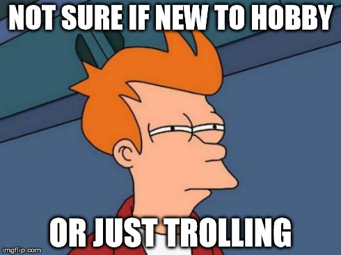 Futurama Fry Meme | NOT SURE IF NEW TO HOBBY OR JUST TROLLING | image tagged in memes,futurama fry | made w/ Imgflip meme maker