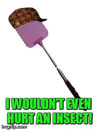 I WOULDN'T EVEN HURT AN INSECT! | image tagged in scumbag flyswatter,scumbag | made w/ Imgflip meme maker
