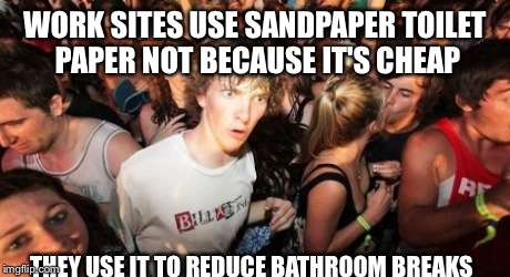 Sudden Clarity Clarence | WORK SITES USE SANDPAPER TOILET PAPER NOT BECAUSE IT'S CHEAP THEY USE IT TO REDUCE BATHROOM BREAKS | image tagged in memes,sudden clarity clarence,AdviceAnimals | made w/ Imgflip meme maker