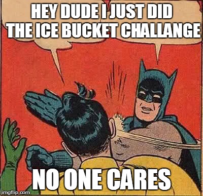 Batman Slapping Robin | HEY DUDE I JUST DID THE ICE BUCKET CHALLANGE NO ONE CARES | image tagged in memes,batman slapping robin | made w/ Imgflip meme maker