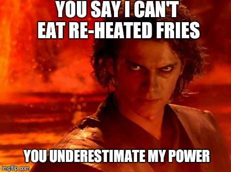 You Underestimate My Power | YOU SAY I CAN'T EAT RE-HEATED FRIES  YOU UNDERESTIMATE MY POWER | image tagged in memes,you underestimate my power | made w/ Imgflip meme maker