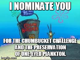 Plakton | I NOMINATE YOU FOR THE CHUMBUCKET CHALLENGE AND THE PRESERVATION OF ONE-EYED PLANKTON. | image tagged in plakton | made w/ Imgflip meme maker