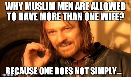 One Does Not Simply Meme | WHY MUSLIM MEN ARE ALLOWED TO HAVE MORE THAN ONE WIFE?  BECAUSE ONE DOES NOT SIMPLY... | image tagged in memes,one does not simply | made w/ Imgflip meme maker