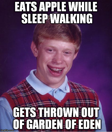 Bad Luck Brian Meme | EATS APPLE WHILE SLEEP WALKING GETS THROWN OUT OF GARDEN OF EDEN | image tagged in memes,bad luck brian | made w/ Imgflip meme maker