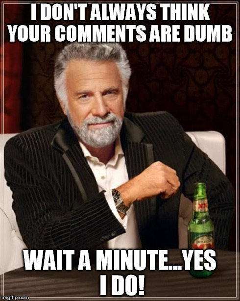 The Most Interesting Man In The World Meme | I DON'T ALWAYS THINK YOUR COMMENTS ARE DUMB  WAIT A MINUTE...YES I DO! | image tagged in memes,the most interesting man in the world | made w/ Imgflip meme maker