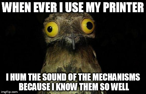Weird Stuff I Do Potoo Meme | WHEN EVER I USE MY PRINTER I HUM THE SOUND OF THE MECHANISMS BECAUSE I KNOW THEM SO WELL | image tagged in memes,weird stuff i do potoo,AdviceAnimals | made w/ Imgflip meme maker