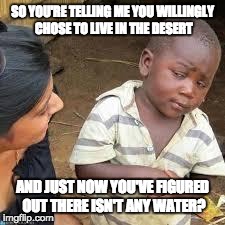 1st world problems | SO YOU'RE TELLING ME YOU WILLINGLY CHOSE TO LIVE IN THE DESERT AND JUST NOW YOU'VE FIGURED OUT THERE ISN'T ANY WATER? | image tagged in so your telling me,desert,water | made w/ Imgflip meme maker