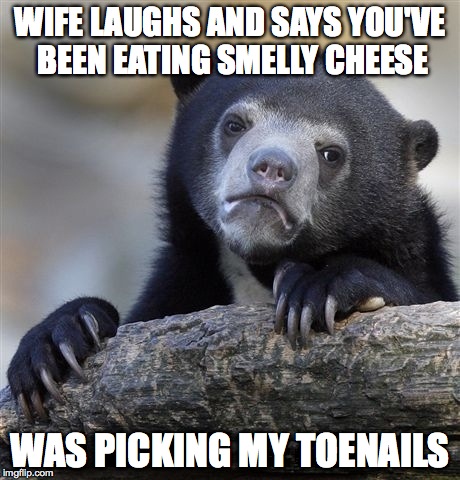 Confession Bear | WIFE LAUGHS AND SAYS YOU'VE BEEN EATING SMELLY CHEESE WAS PICKING MY TOENAILS | image tagged in memes,confession bear,AdviceAnimals | made w/ Imgflip meme maker