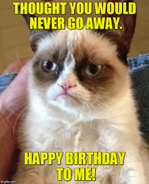 Grumpy Cat Meme | THOUGHT YOU WOULD NEVER GO AWAY. HAPPY BIRTHDAY TO ME! | image tagged in memes,grumpy cat | made w/ Imgflip meme maker