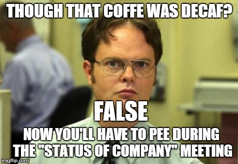 Dwight Schrute Meme | THOUGH THAT COFFE WAS DECAF? NOW YOU'LL HAVE TO PEE DURING THE "STATUS OF COMPANY" MEETING FALSE | image tagged in memes,dwight schrute | made w/ Imgflip meme maker