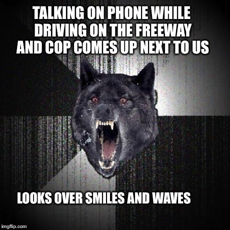 Insanity Wolf | TALKING ON PHONE WHILE DRIVING ON THE FREEWAY AND COP COMES UP NEXT TO US LOOKS OVER SMILES AND WAVES | image tagged in memes,insanity wolf,AdviceAnimals | made w/ Imgflip meme maker
