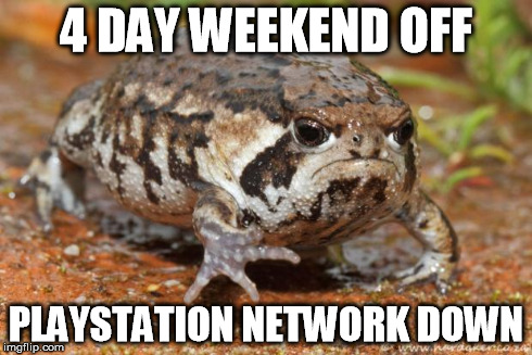 Grumpy Toad | 4 DAY WEEKEND OFF PLAYSTATION NETWORK DOWN | image tagged in memes,grumpy toad | made w/ Imgflip meme maker