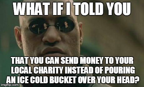 Matrix Morpheus | WHAT IF I TOLD YOU THAT YOU CAN SEND MONEY TO YOUR LOCAL CHARITY INSTEAD OF POURING AN ICE COLD BUCKET OVER YOUR HEAD? | image tagged in memes,matrix morpheus | made w/ Imgflip meme maker