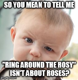 Skeptical Baby | SO YOU MEAN TO TELL ME "RING AROUND THE ROSY" ISN'T ABOUT ROSES? | image tagged in memes,skeptical baby | made w/ Imgflip meme maker