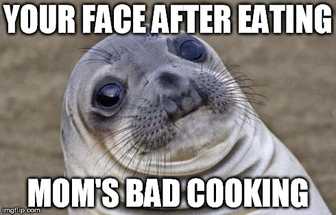 Awkward Moment Sealion Meme | YOUR FACE AFTER EATING MOM'S BAD COOKING | image tagged in memes,awkward moment sealion | made w/ Imgflip meme maker
