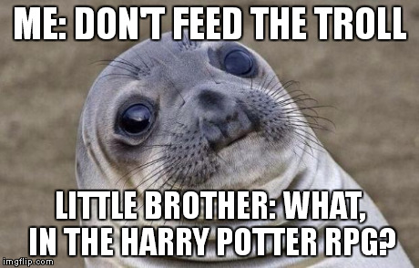 No... not in the rpg... | ME: DON'T FEED THE TROLL LITTLE BROTHER: WHAT, IN THE HARRY POTTER RPG? | image tagged in memes,awkward moment sealion | made w/ Imgflip meme maker