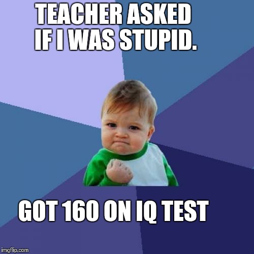 Success Kid Meme | TEACHER ASKED IF I WAS STUPID. GOT 160 ON IQ TEST | image tagged in memes,success kid | made w/ Imgflip meme maker