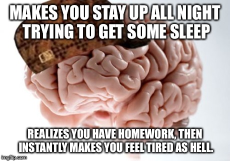 Scumbag Brain | MAKES YOU STAY UP ALL NIGHT TRYING TO GET SOME SLEEP REALIZES YOU HAVE HOMEWORK, THEN INSTANTLY MAKES YOU FEEL TIRED AS HELL. | image tagged in memes,scumbag brain | made w/ Imgflip meme maker