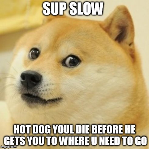 SUP SLOW  HOT DOG YOUL DIE BEFORE HE GETS YOU TO WHERE U NEED TO GO | image tagged in memes,doge | made w/ Imgflip meme maker
