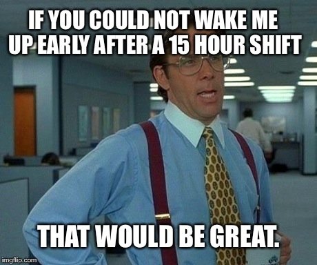 They knew I was tired too... | IF YOU COULD NOT WAKE ME UP EARLY AFTER A 15 HOUR SHIFT THAT WOULD BE GREAT. | image tagged in memes,that would be great | made w/ Imgflip meme maker