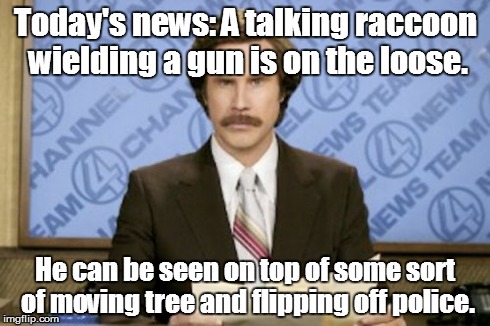 Ron Burgundy | Today's news: A talking raccoon wielding a gun is on the loose. He can be seen on top of some sort of moving tree and flipping off police. | image tagged in memes,ron burgundy | made w/ Imgflip meme maker
