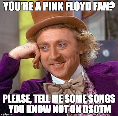 Creepy Condescending Wonka Meme | YOU'RE A PINK FLOYD FAN? PLEASE, TELL ME SOME SONGS YOU KNOW NOT ON DSOTM | image tagged in memes,creepy condescending wonka | made w/ Imgflip meme maker