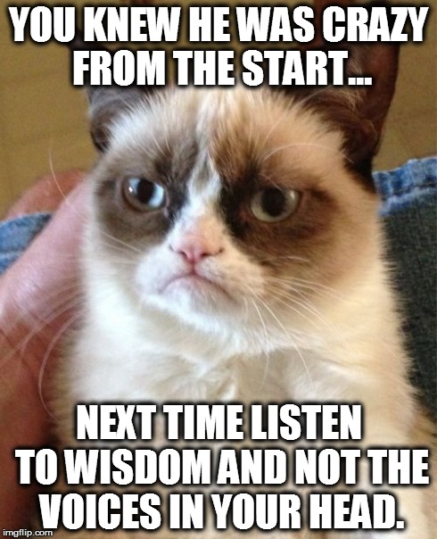Grumpy Cat Meme | YOU KNEW HE WAS CRAZY FROM THE START... NEXT TIME LISTEN TO WISDOM AND NOT THE VOICES IN YOUR HEAD. | image tagged in memes,grumpy cat | made w/ Imgflip meme maker