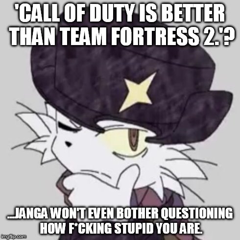 Janga Questions...Call of Duty fanboys. | 'CALL OF DUTY IS BETTER THAN TEAM FORTRESS 2.'? ...JANGA WON'T EVEN BOTHER QUESTIONING HOW F*CKING STUPID YOU ARE. | image tagged in janga questions,janga,call of duty,team fortress 2,valve,activision | made w/ Imgflip meme maker
