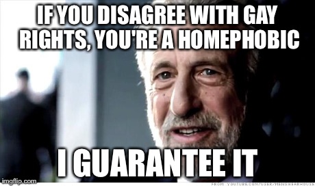 The gay rights debate in a nutshell... | IF YOU DISAGREE WITH GAY RIGHTS, YOU'RE A HOMEPHOBIC I GUARANTEE IT | image tagged in memes,i guarantee it | made w/ Imgflip meme maker