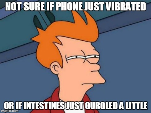 Futurama Fry | NOT SURE IF PHONE JUST VIBRATED OR IF INTESTINES JUST GURGLED A LITTLE | image tagged in memes,futurama fry | made w/ Imgflip meme maker