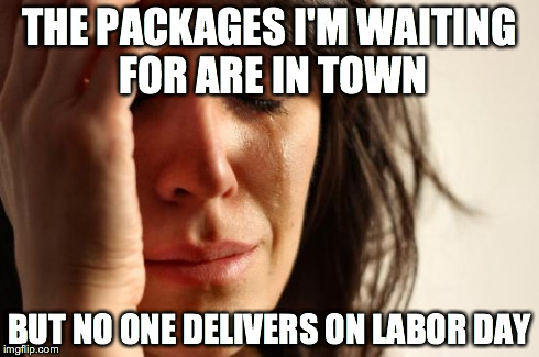 First World Problems Meme | THE PACKAGES I'M WAITING FOR ARE IN TOWN BUT NO ONE DELIVERS ON LABOR DAY | image tagged in memes,first world problems | made w/ Imgflip meme maker