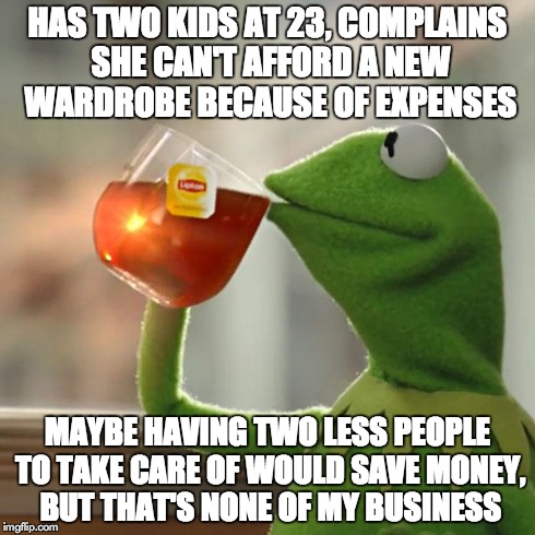 But That's None Of My Business | HAS TWO KIDS AT 23, COMPLAINS SHE CAN'T AFFORD A NEW WARDROBE BECAUSE OF EXPENSES MAYBE HAVING TWO LESS PEOPLE TO TAKE CARE OF WOULD SAVE MO | image tagged in memes,but thats none of my business,kermit the frog | made w/ Imgflip meme maker