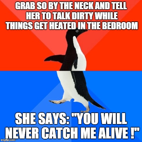 Socially Awesome Awkward Penguin | GRAB SO BY THE NECK AND TELL HER TO TALK DIRTY WHILE THINGS GET HEATED IN THE BEDROOM SHE SAYS: "YOU WILL NEVER CATCH ME ALIVE !" | image tagged in memes,socially awesome awkward penguin | made w/ Imgflip meme maker