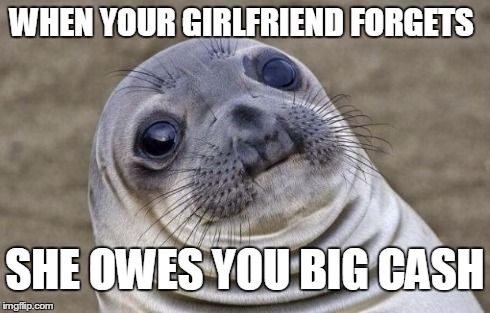 Awkward Moment Sealion Meme | WHEN YOUR GIRLFRIEND FORGETS SHE OWES YOU BIG CASH | image tagged in memes,awkward moment sealion | made w/ Imgflip meme maker