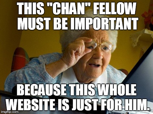 Grandma Finds The Internet | THIS "CHAN" FELLOW MUST BE IMPORTANT BECAUSE THIS WHOLE WEBSITE IS JUST FOR HIM. | image tagged in memes,grandma finds the internet,funny | made w/ Imgflip meme maker