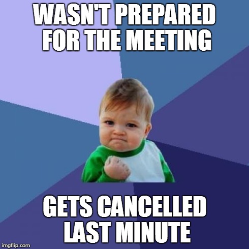 Cancelled Meeting | WASN'T PREPARED FOR THE MEETING GETS CANCELLED LAST MINUTE | image tagged in memes,success kid | made w/ Imgflip meme maker