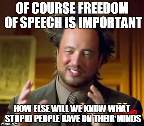 Ancient Aliens Meme | OF COURSE FREEDOM OF SPEECH IS IMPORTANT HOW ELSE WILL WE KNOW WHAT STUPID PEOPLE HAVE ON THEIR MINDS | image tagged in memes,ancient aliens | made w/ Imgflip meme maker