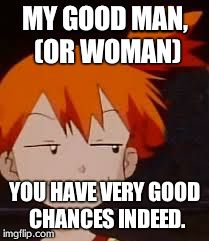 Derp Face Misty | MY GOOD MAN, (OR WOMAN) YOU HAVE VERY GOOD CHANCES INDEED. | image tagged in derp face misty | made w/ Imgflip meme maker