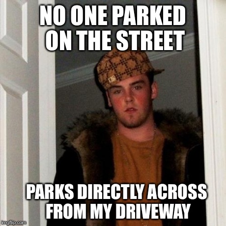 Scumbag Steve | NO ONE PARKED ON THE STREET PARKS DIRECTLY ACROSS FROM MY DRIVEWAY | image tagged in memes,scumbag steve,AdviceAnimals | made w/ Imgflip meme maker